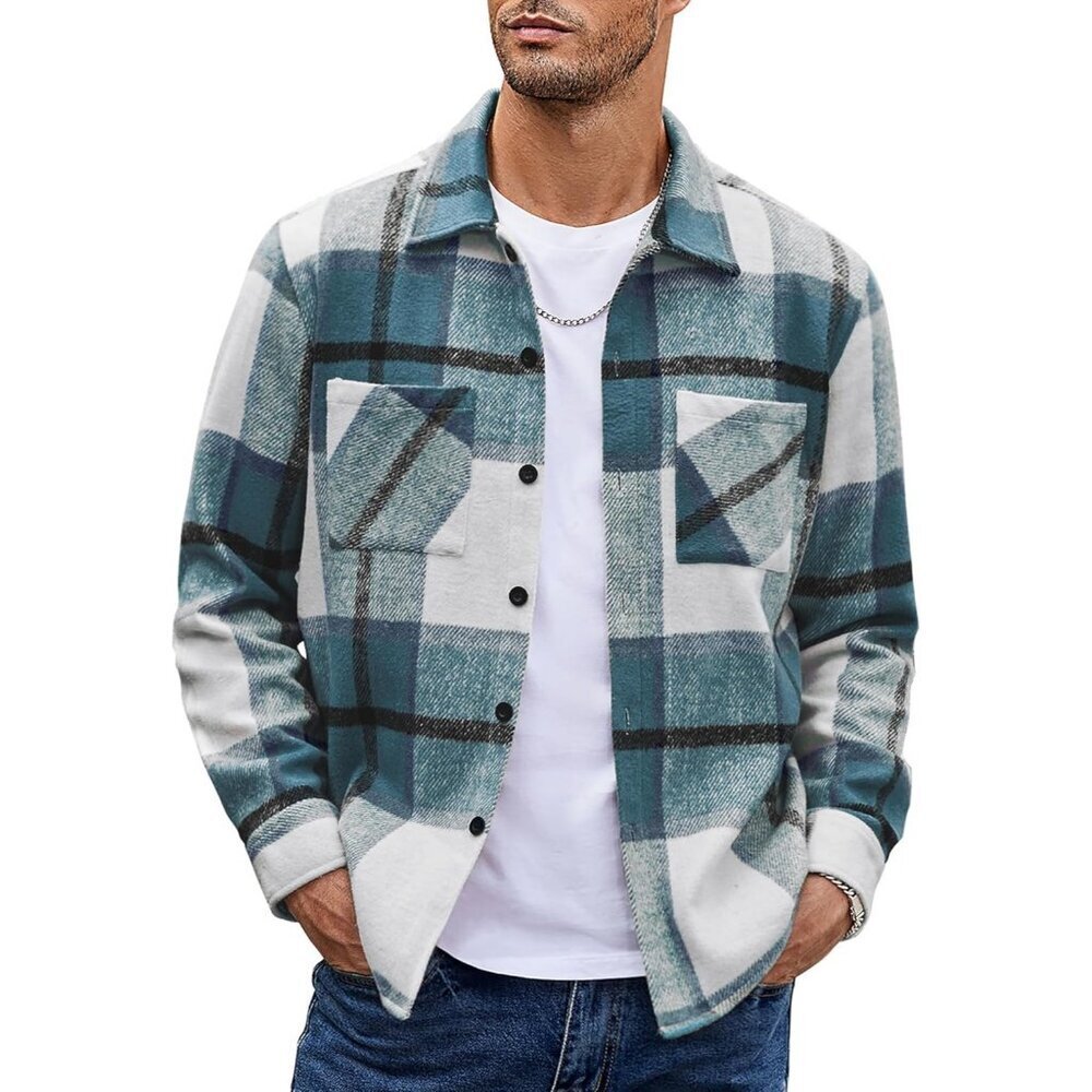 Men's Sea Blue Flannel Shirts Casual Button Down Plaid Shirt with Pockets